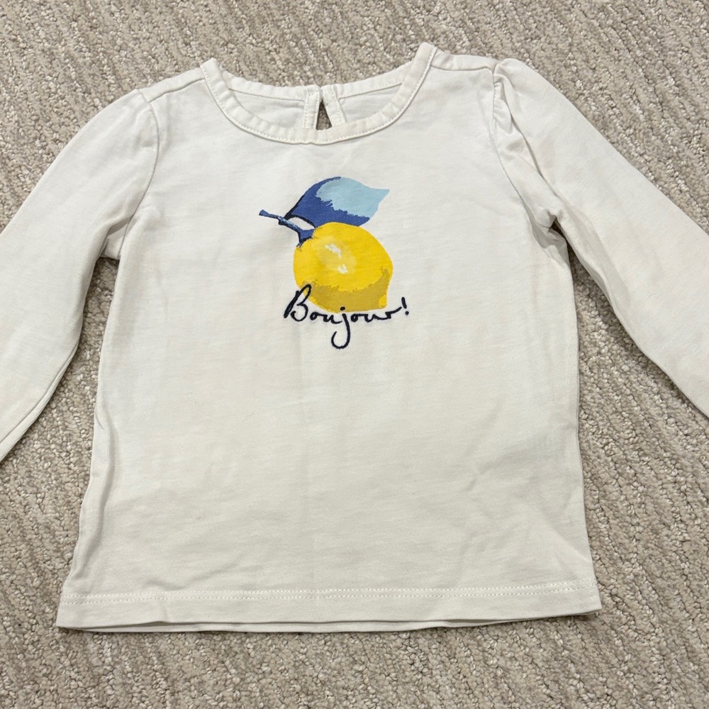 Janie and Jack Cream Long Sleeve Tee with Lemon and Bonjour Print